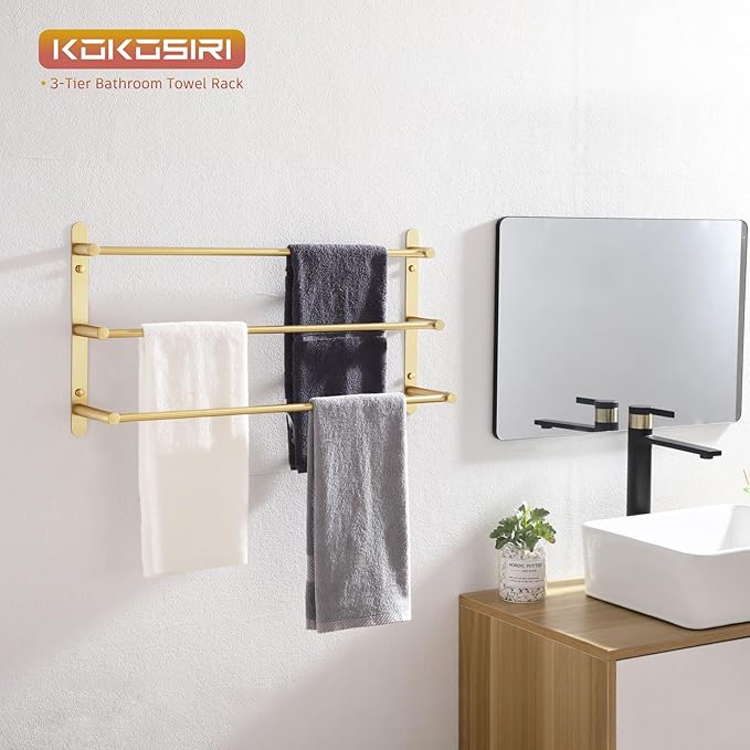 KOKOSIRI Bath Towel Bars Bathroom 3-Tiers Ladder Towel Holder Rails Wall Mounted Towels Shelves Rack Stainless Steel, Brushed Gold, B5002BG-L24