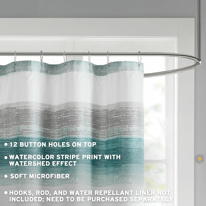 Madison Park Essentials Shower Curtain, Watercolor Print Multi Blue Shower Curtain for Bath Room, Modern Bathroom Décor, Machine Washable, Microfiber Fabric Shower Curtain, Saben, 72x72 Aqua/Grey
