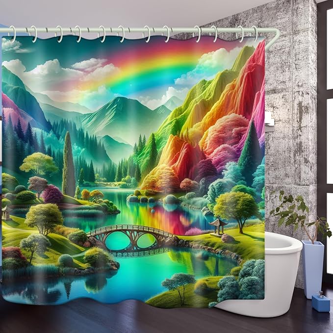 Shower Curtains, Colorful Mountain Theme Design Art Shower Curtains, Bathroom Decoration Set, 12 Shower Curtain Hooks (72 "Wx72 L) Inch Waterproof Shower Curtain.
