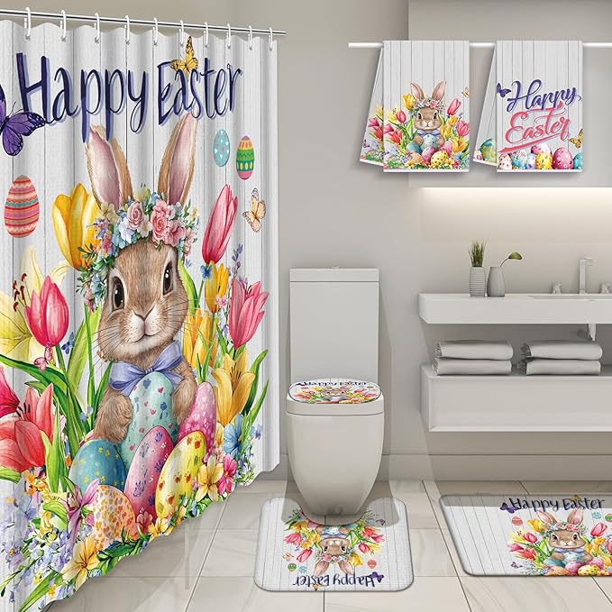 Nuanchu 6 Pcs Easter Shower Curtain Set with Rug Happy Easter Bunny Bathroom Sets with Shower Curtain Bath Mat U Shaped Mat Toilet Lid Cover 2 Bath Towels and 12 Hooks Rabbit Flower Bathroom Decor