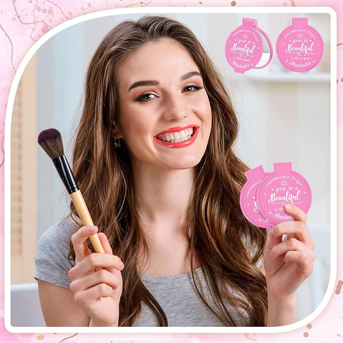 36 Pcs 2.76 Inch Inspirational Compact Mirror Bulk Women Small Gifts Graduation Party Favors Purse Mirror Pocket Mini Stuffer Items for Adult Coworker Cheerleader Employee (Pink)