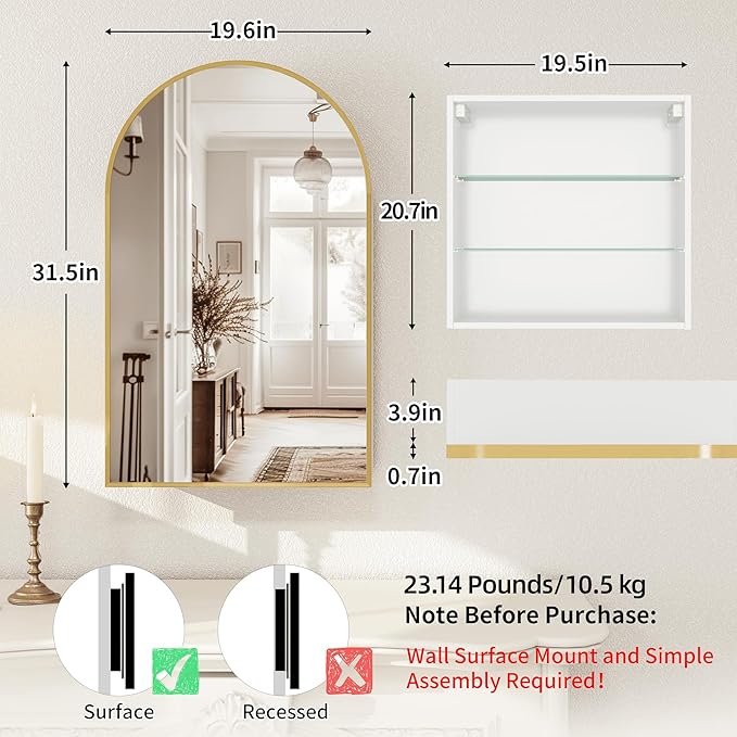 Arched Gold Medicine Cabinet with Mirror, 20x32 Inch Surface Mount Bathroom Storage Cabinet, Wall Mounted Mirror Cabinet with Adjustable Glass Shelf, Left or Right Door Opening, Brushed Gold Finish