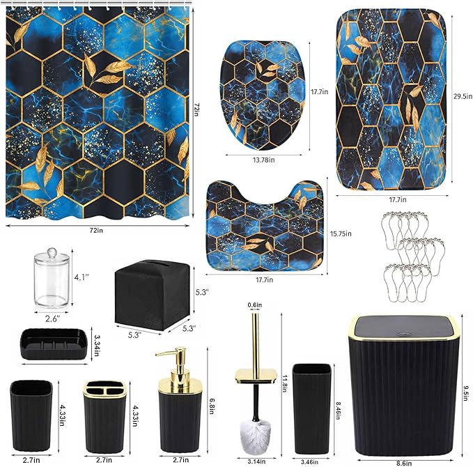Bathroom Accessory Set with Blue Shower Curtain and Rugs 24Pcs, Black Bathroom Set - Trash Can, Soap Dispenser, Soap Dish, Toilet Brush, Toothbrush Holder, Toothbrush Cup, Toilet Lid Cover
