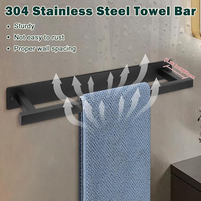 Self Adhesive Towel Bar, 16 Inch Square Towel Racks for Bathroom Wall Mounted SUS304 Stainless Steel Towel Hanger for Kitchen, No Drill or Screw-Mounted Towel Holder (Matte Black)