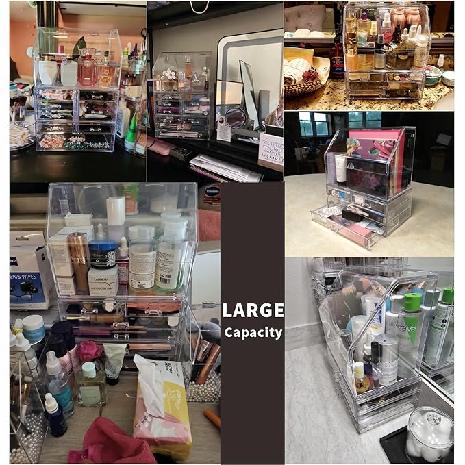 Celar Makeup Organizer With With Lid,Dustproof Waterproof Design Make up Organizer for Bathroom Countertop,4 Drawers Acrylic Skincare and Cosmetic Storage for Vanity Countertop,Dresser Top Organizer