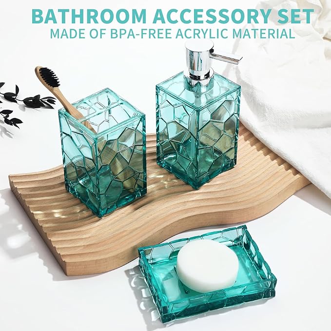 GAHEFY Teal Blue Beach Bathroom Accessories Set with Toothbrush Holder, Soap Dispenser, Tumbler, Soap Dish, Turquoise Bathroom Decor,Acrylic (Teal-4pcs)