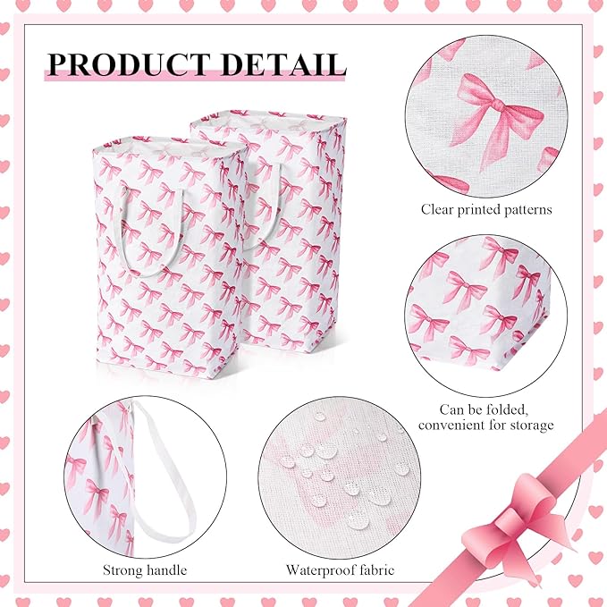 Leinuosen 2 Pcs 80l Large Bow Pink Laundry Hamper Basket with Waterproof Inner Lining, Collapsible Pink Clothes Storage Baskets Bin with Handles for Bedroom, Nursery & Home Organization(Pastel)