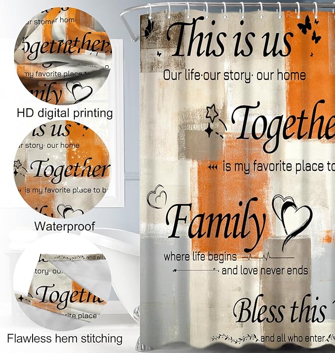 Lnond 4Pcs Bathroom Shower Curtain Sets with Rugs, Orange Brown Motivational Home Family Bathroom Sets with Shower Curtain and Rugs and Accessories