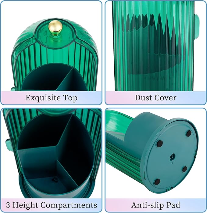 Makeup Brush Holder Organizer, 360 Rotating Makeup Brush Holder, Dustproof Waterproof Material & with 3 Compartments for Organized Storage, Dressing Tables Clear Storage Skincare Cosmetic (Green)