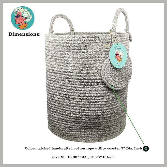 Modern Granny Medium Cotton Rope Laundry Hamper 14x16 Inch Dual Secure Woven Handle for Living Room Closet Clothes Blanket Organization