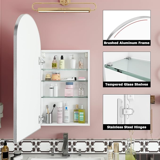 FKWin Arched Sliver Bathroom Medicine Cabinet with Mirror, Left or Right Opening, Bathroom Vanity Mirrors with Storage, Surface Mount Medicine Cabinet not Recessed, Silver, 15.7x31.5 inch