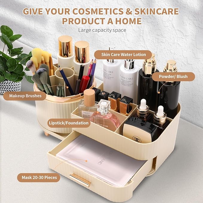 Beborxue 360?? Rotating Makeup Organizer for Vanity with Drawers, Large Capacity Cosmetic Display Case, skincare organizer, Cosmetic Organizer for Lipstick, Skincare, Brushes, Eyeshadow, (Rice White)
