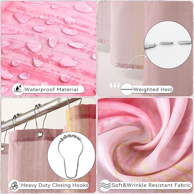 XLHOMO Bathroom Set - Pink and Gold Bathroom Accessories Set, Bathroom Sets with Shower Curtain and Rugs, Pink Shower Curtain Set with Bathroom Trash Can, Soap Dispenser, Soap Dish for Home Decor