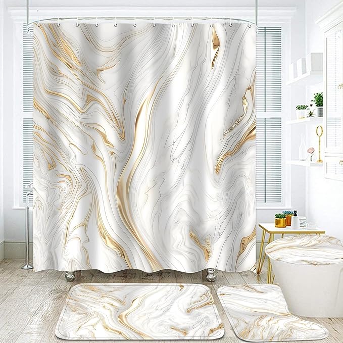 Nkzply 4 Pcs White Marble Shower Curtain Set Gold Bathroom Sets with Shower Curtain and Rugs Modern Abstract Bathroom Decor Accessories Bathroom Rugs Toilet Lid Cover with Hooks