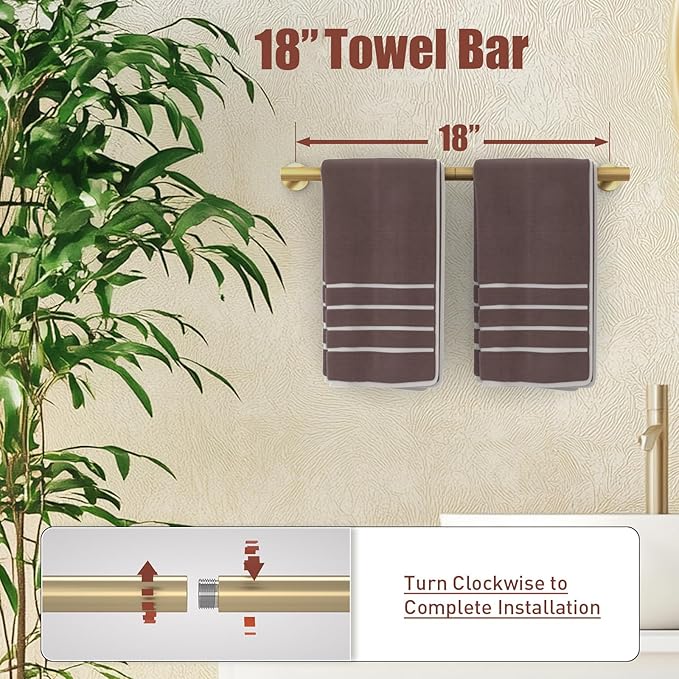 Luxbaro Brushed Gold Towel Bar Set, 18 Inch Bathroom Accessories Set, Wall Mounted Bathroom Hardware Set, Durable SUS304 Stainless Steel, 5-Piece