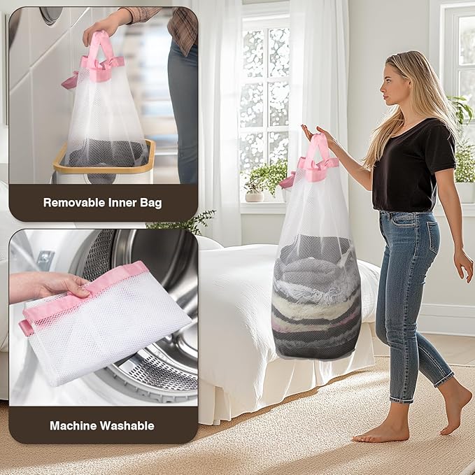 100L Laundry Hamper with Lid, Large Laundry Basket with Bamboo Handles, Clothes Hampers for Laundry with Removable Bag, Dirty Clothes Hampers for Bedroom Aesthetic, Pink