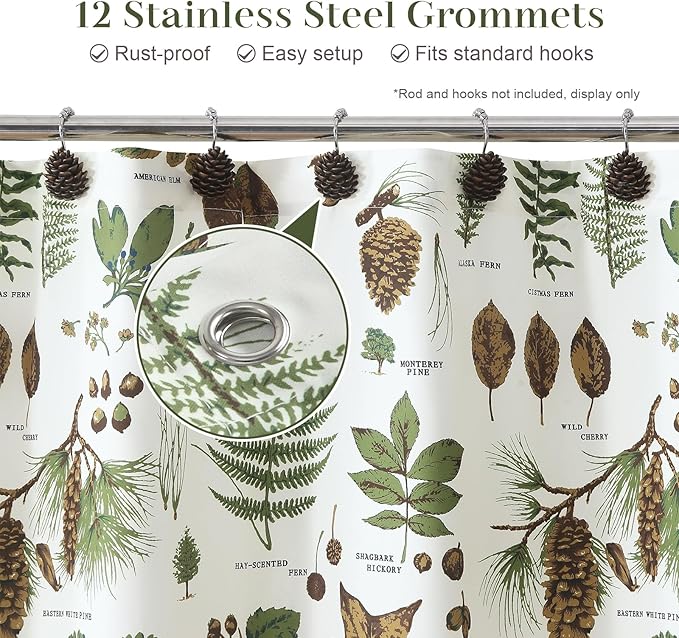 Green Brown Beige Pinecone Shower Curtain, Boho Pine Cones Leaf Plant Fabric Shower Curtain, Waterproof Rustic Cabin Decorative Botanical Bathroom Curtains, 72" W x 72" H