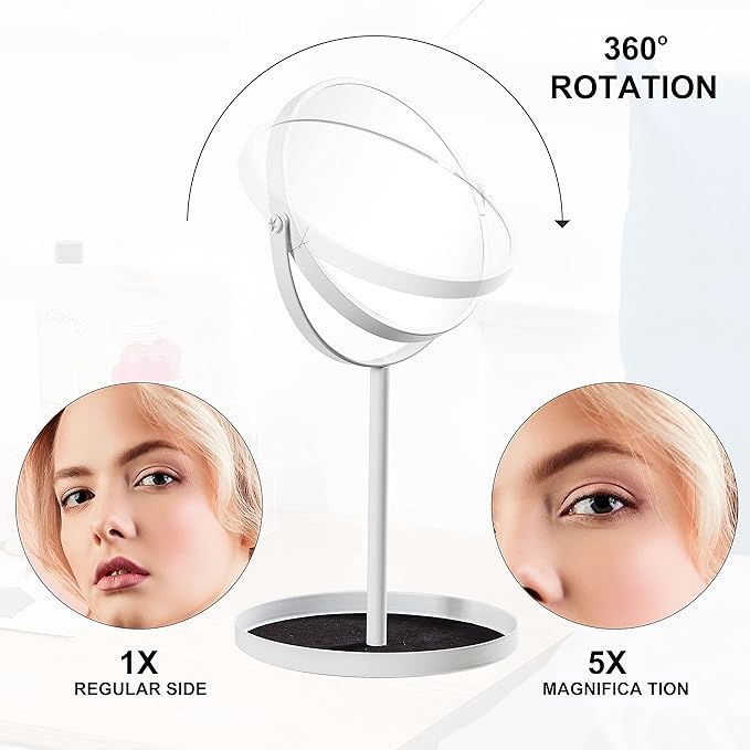 Ettori Makeup Mirror Dual Sided Vanity Mirror, 1X and 5X Magnification, 360 Swivel Round Mirror, Tabletop Mounting, No Light, White