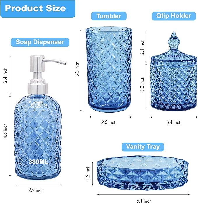 LaMarriti Blue Bathroom Accessories Set, 4Pcs Clear Glass Bathroom Accessory Set, Lotion Soap Dispenser, Toothbrush Holder Set, Soap Dish, Qtip Holder for Vintage Crystal Bath Decor, Light Blue
