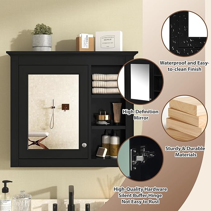Merax Bathroom Medicine Cabinet with Mirror, 30" x 28" Wall Mounted Medicine Cabinet with Single Door and Shelves, Over The Toilet Mirrored Bathroom Storage Wall Cabinet