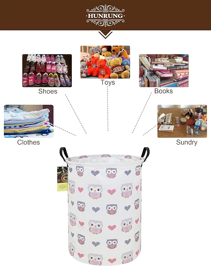 HUNRUNG Laundry Hamper,Large Canvas Fabric Lightweight Storage Basket Toy Organizer Dirty Clothes Collapsible Waterproof for College Dorms???Round-Love Owl???