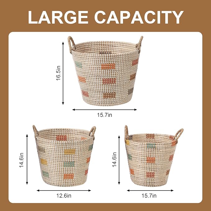 Laundry Hamper, Wicker Laundry Baskets with Handles, Storage Baskets, Woven Basket Decorative Baskets for Shelves, Basket for Gifts, Closet, Pantry, and Home Organization, Set of 3, Multi-Size