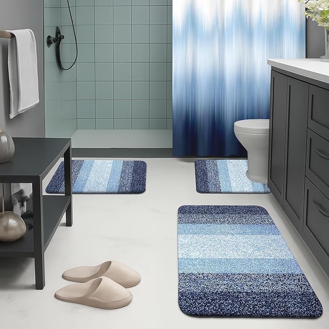 Britimes Navy Blue Stripes Bathroom Sets with Shower Curtain and Rugs, Ombre Modern Abstract Waterproof Shower Curtain Liner and Soft Non Slip Bath Mat for Bathroom Decor and Accessories Hooks