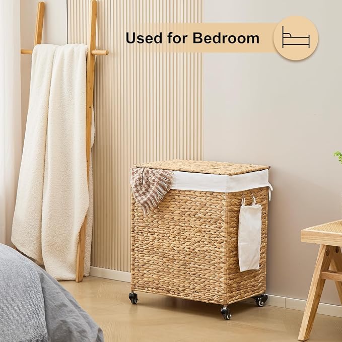 Handwoven Hamper with Lid, Laundry Basket with Wheels, Machine Washable Liner, 2 Section Clothes Hamper for Bathroom Laundry Room Bedroom(Natural, 125L)