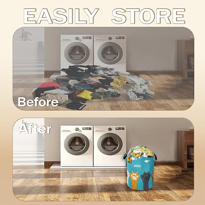 Cute Cat Paws Laundry Basket,Cartoon Birds Clothes Hamper,Oxford Cloth Collapsible Nursery Hamper Storage Organization for Bedroom,Bathroom,Office,College Dorms,16x20 Inch