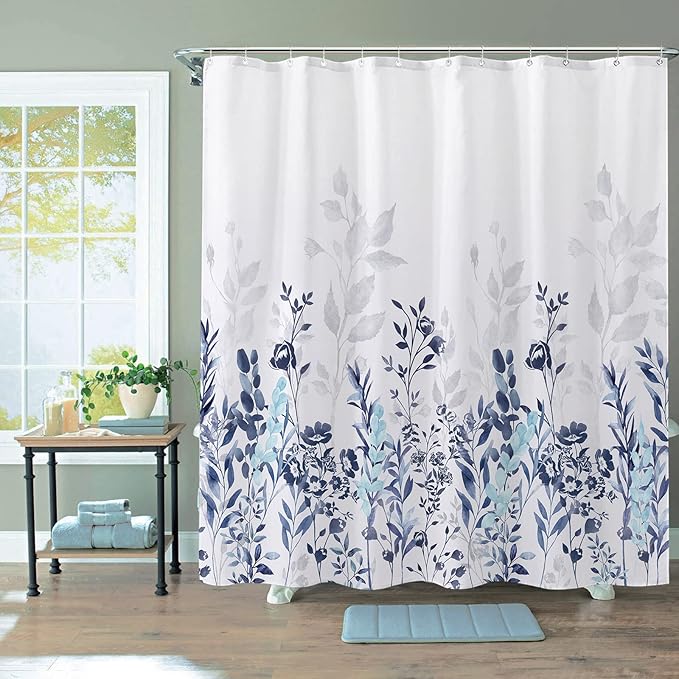 Neasow Blue and Grey Shower Curtain, Watercolor Floral Bathroom Curtain Teal and White Shower Curtains 72×84 inches