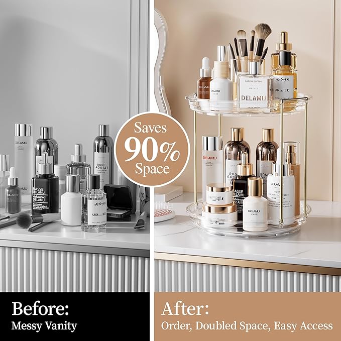 Delamu Rotating Makeup Organizer for Vanity, 2 Tier Skincare Organizer for Bathroom Counter, Spinning Perfume Organizer Cosmetic Holder with Large Capacity, Clear