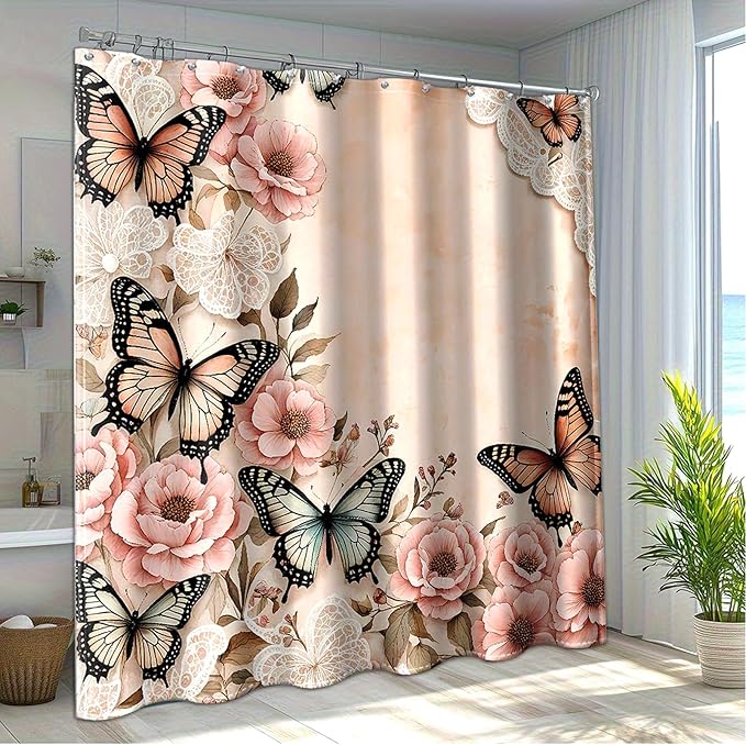 Dreamrflove Butterfly Shower Curtain, 1-Pack Pink Floral Shower Curtain, Butterfly Floral Bathroom Decor, 72x72 Inch Waterproof Polyester Insulated Home Decor
