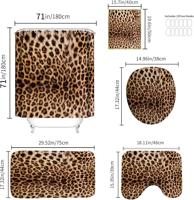 Onalasyc 5Pcs Brown Leopard Shower Curtain Set, Wall Painting Bathroom Sets with Shower Curtain and Rugs, Cheetah Print Bathroom Wall Art Decor Painting Shower Curtains Sets with Rugs