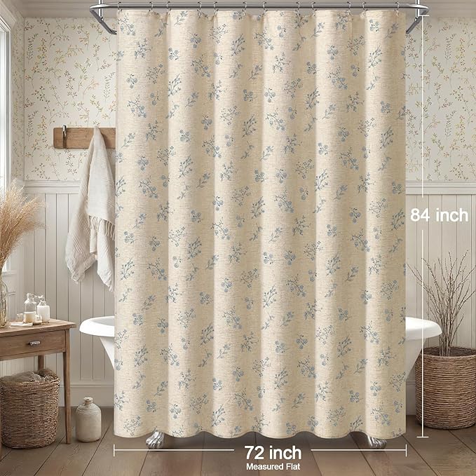 Blue Floral Vintage Linen Shower Curtain, French Country Shower Curtains for Bathroom, 72Wx84H