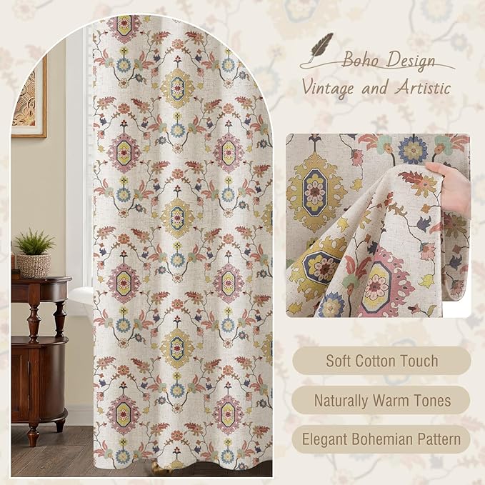 Boho Vintage Shower Curtain, Aesthetic Bohemian Patterned Shower Curtains for Bathroom, 72Wx84H