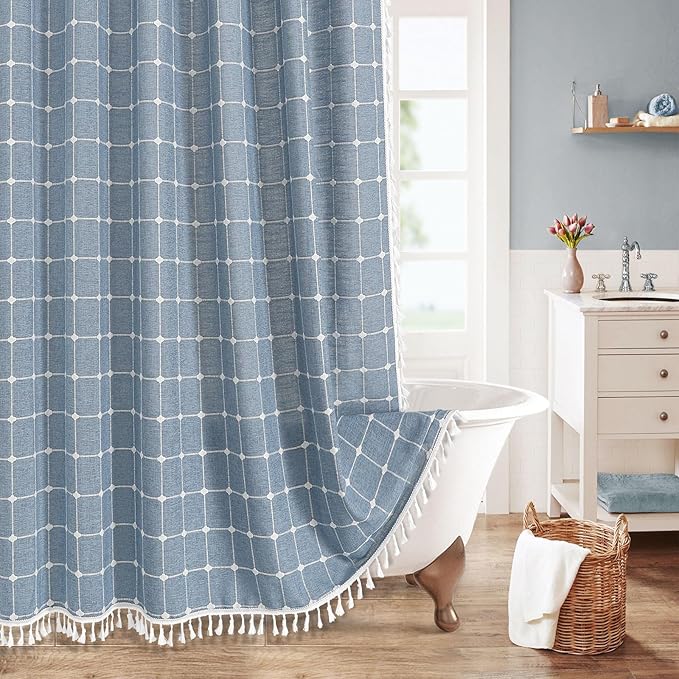 MitoVilla Blue Farmhouse Shower Curtain Set 72 x 78, Boho 78 inch Long Polyester Linen Tassel Fabric Shower Curtain Set for Chic Cottagecore French Rustic Bathroom Decor
