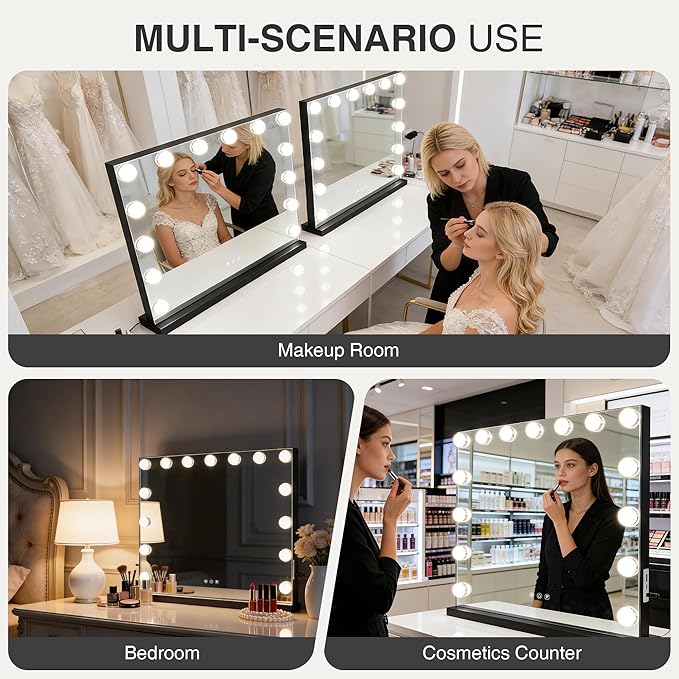 Vanity Makeup Mirror with Lights,Hollywood Vanity Mirror with 3 Color Modes,Lighted Vanity Mirror with Dimmable LED Bulbs &10X Magnification for Desk,Bedroom,Tabletop (Black, 22.8" x 18.1")