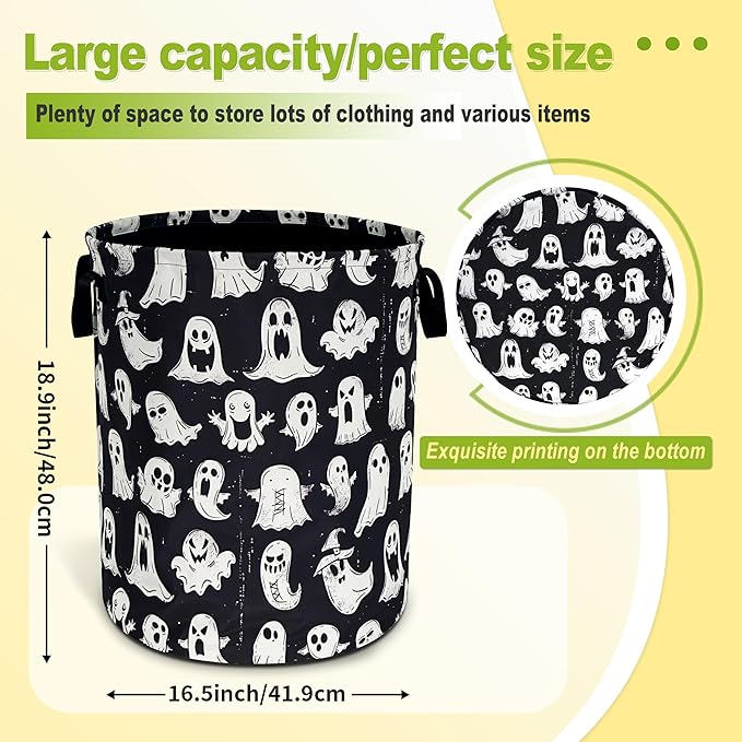 Cute Ghost Laundry Basket Funny Spooky Foldable Waterproof Oxford Cloth Tote Bag Laundry Hamper Round Large Clothes Storage Bucket Toy Organizer For Bathroom/Laundry Storage/Bedroom 18.9x16.5 Inch