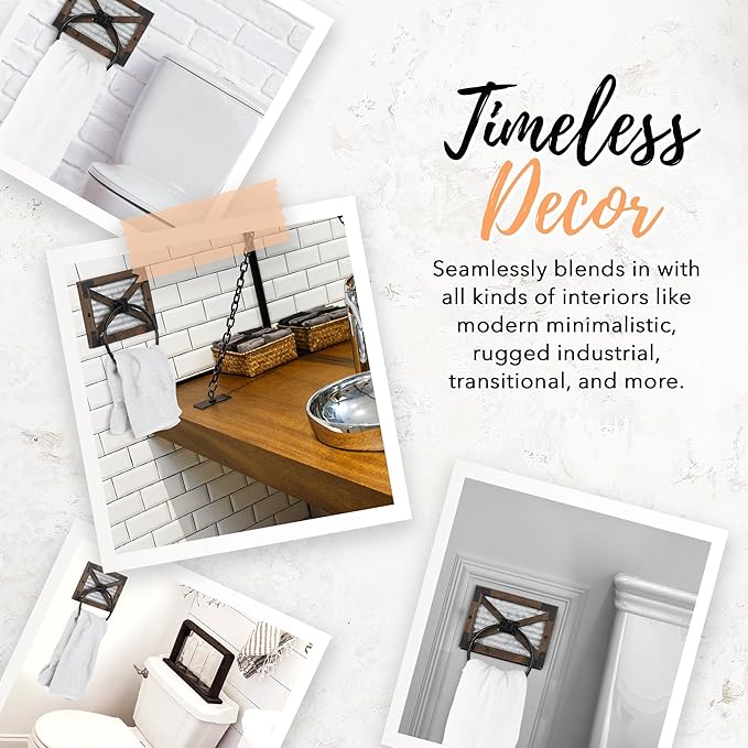 Autumn Alley Farmhouse Hand Towel Ring for Bathroom with Bracket - Bath Towel Rings Holder - Towel Rings for Bathroom Wall Mounted Decor Mix of Wood, Galvanized Metal & Black Rings