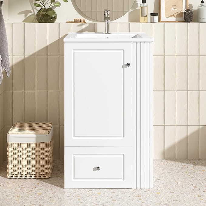 Virubi 20 in Small Bathroom Vanity with Sink,Drawer,Doors and Side Storage & Toilet Paper Holder, Solid Wood & MDF Modern Single Bathroom Sink Cabinet with Drawers,Freestanding (White,20 in)