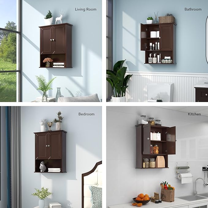 VANIRROR Bathroom Wall Cabinet Expresso Over Toilet Storage - 24x30 in Above Toilet Wood Medicine Cabinet with Adjustable Shelf & 2 Door Mounted Wall Cabinet