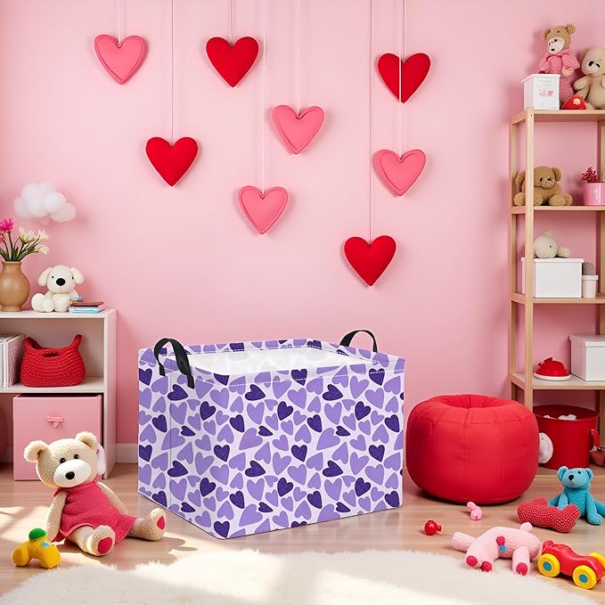 Rectangular Valentines Basket for Women Girls Storage Bin Organizer Box Shelf Room Decor(Double Purple Heart)
