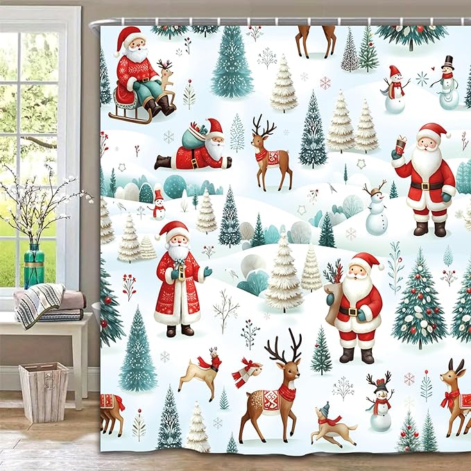 Christmas Shower Curtain，Santa Claus Castle Reindeer Shower Curtain，Winter Pattern Holoday Shower Bathroom Decor For Bathroom ，72x72 Inch Waterproof Polyester Insulated Home Decor Set With Hooks