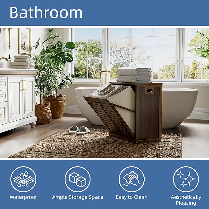 HITNET Bamboo Tilt Out Laundry Hamper, Bathroom Storage Cabinet with Hidden Removable Basket and 3 Sides Cutout Handles, Freestanding Hamper Organizer for Dirty Clothes, Walnut