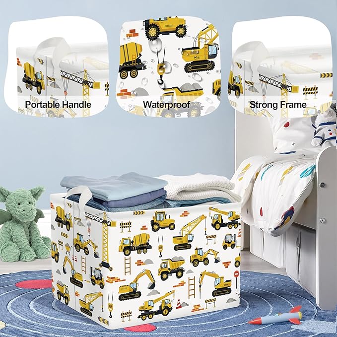 Cars Laundry Hamper Cartoon Vehicle Large Storage Basket Collapsible Parents Organizer Boy Toy Clothes Bins for Bedroom, Bathroom, Engineering, 36L