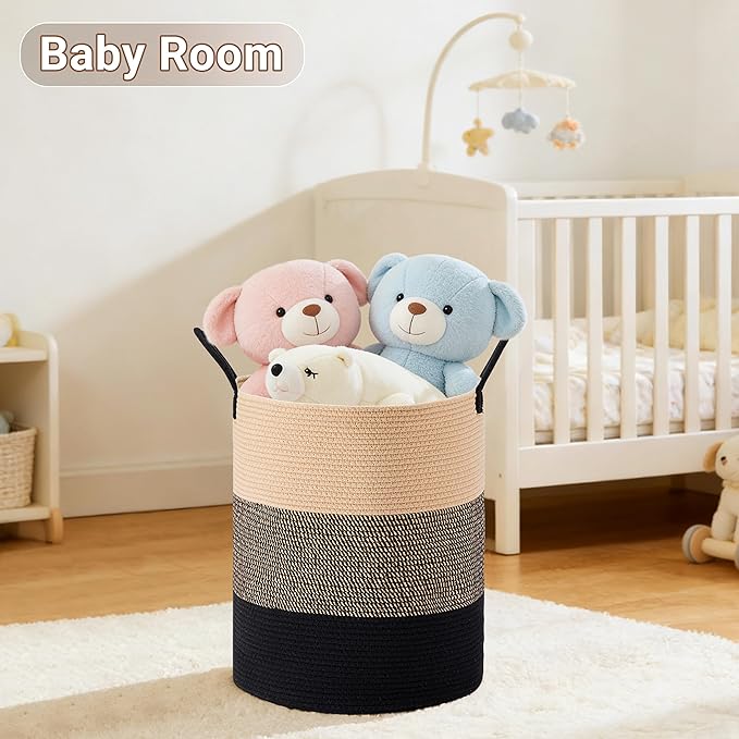 Tall Laundry Basket with Handles, 58L Portable Dirty Clothes Hamper, Boho Cotton Rope Storage Bin for Blankets Kids Toys Gifts, Decorative Organizer for Nursery Bedroom Bathroom, Brown & Black
