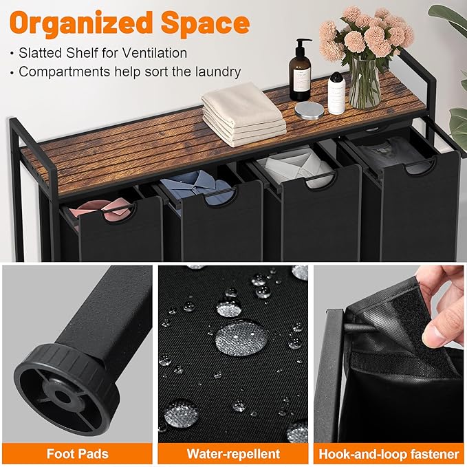 Sonharlar Laundry Hamper, Laundry Sorter with 4 Pull-Out Removable Oxford Fabric Bags Cloth Laundry Basket 4 x 10 Gallons (Black and Rustic Brown)