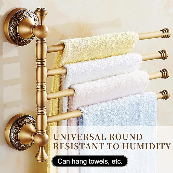 Wall Mounted Bathroom Folding Towel Rack, 4 Towel Bars Antique Brass Pattern Carving,Brushed Bronze