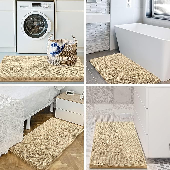 Smiry Luxury Chenille Bathroom Rugs 59x35, Extra Soft and Absorbent Shaggy Bath Mat, Machine Washable, Non-Slip Plush Carpet Runner for Tub, Shower, and Floor, Home Decor Accessories, Beige