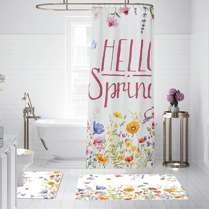 FUTBU Spring Shower Curtain Set for Bathroom, Blooming Flowers Bathroom Supplies for Spring Accessories Decor Set, Non Slip Rugs Toilet Lid Cover U Shape Bath Mat and 12 Hooks